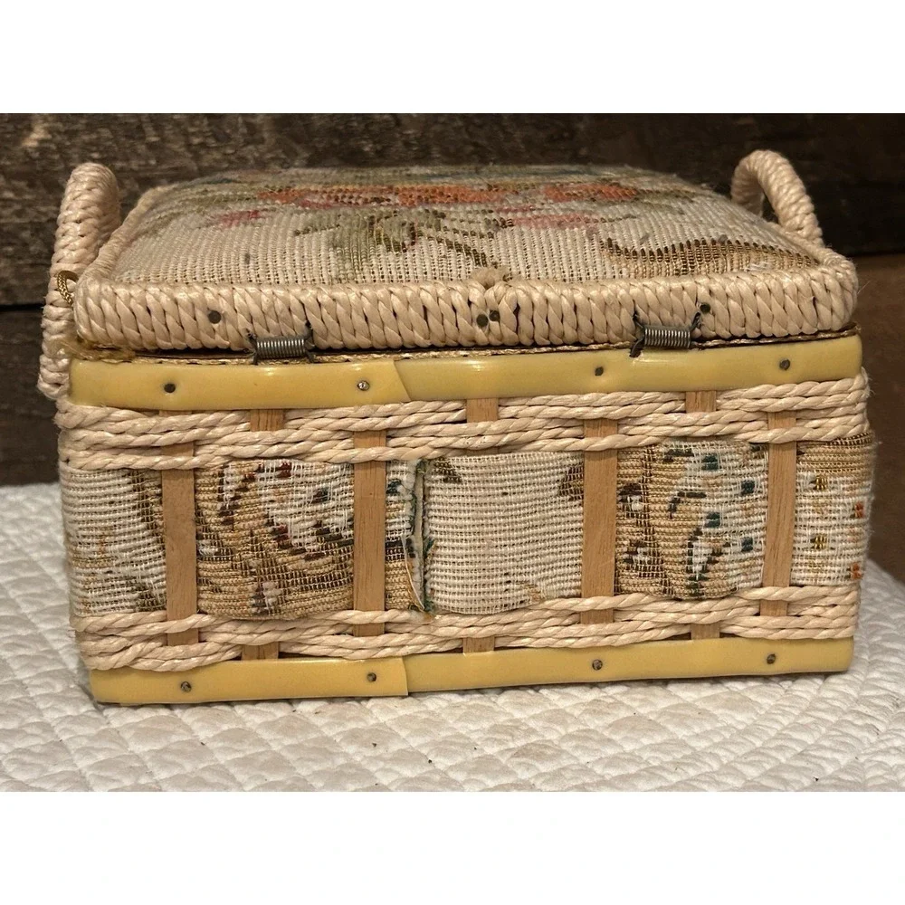 VTG Wicker Embroidered Floral Tapestry Woven Sewing Basket padded satin interior